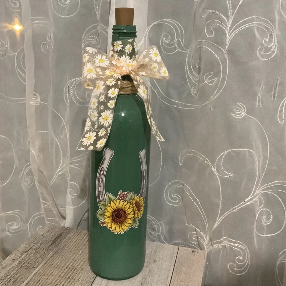 Hand Crafted - Painted Green Wine Bottle Lantern with Sunflower Design